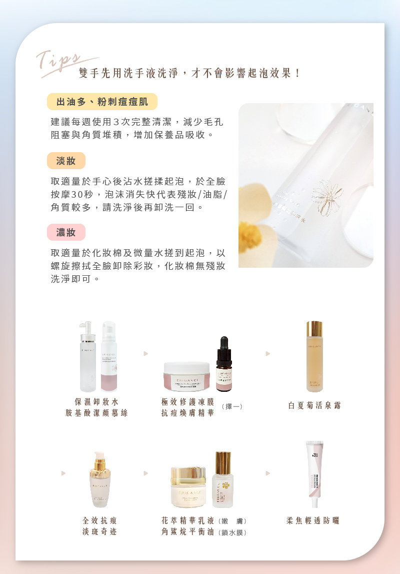 ERIGANCE愛芮肯_全能淨透保濕卸妝水_出油多、粉刺痘痘肌_建議每週使用3次完整清潔,減少毛孔阻塞與角質堆積,增加保養品吸收。 淡妝_取適量於手心後沾水搓揉起泡,於全臉按摩30秒,泡沫消失快代表殘妝/油脂/角質較多,請洗淨後再卸洗一回。 濃妝_取適量於化妝棉及微量水搓到起泡,以螺旋擦拭全臉卸除彩妝,化妝棉無殘妝洗淨即可。