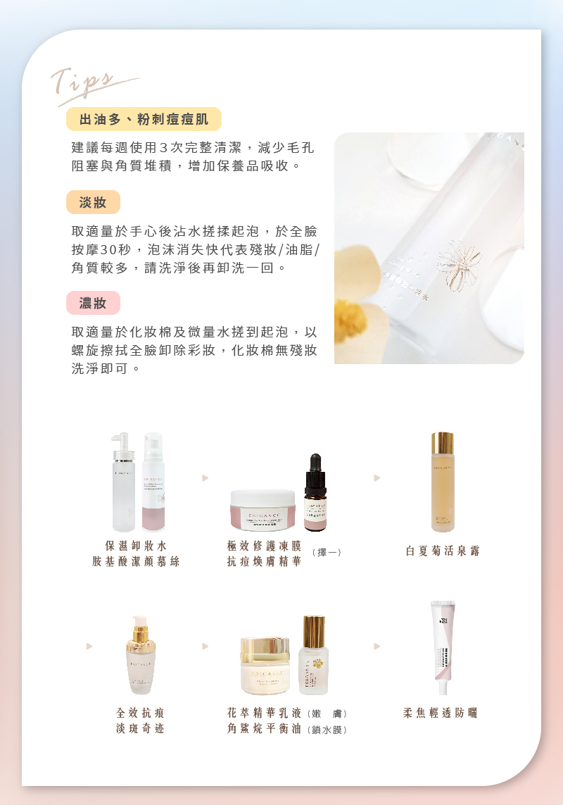 ERIGANCE愛芮肯_全能淨透保濕卸妝水_出油多、粉刺痘痘肌_建議每週使用3次完整清潔,減少毛孔阻塞與角質堆積,增加保養品吸收。 淡妝_取適量於手心後沾水搓揉起泡,於全臉按摩30秒,泡沫消失快代表殘妝/油脂/角質較多,請洗淨後再卸洗一回。 濃妝_取適量於化妝棉及微量水搓到起泡,以螺旋擦拭全臉卸除彩妝,化妝棉無殘妝洗淨即可。