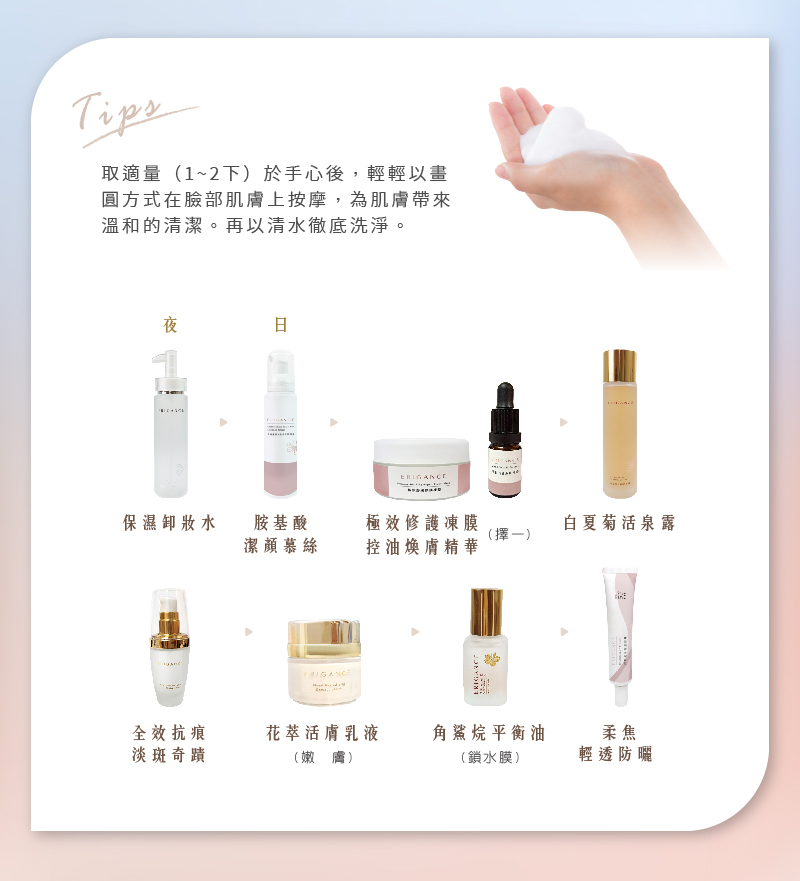 ERIGANCE愛芮肯 安膚護敏胺基酸潔顏慕絲_取適量(1~2下)於手心後,輕輕以畫圓方式在臉部肌膚上按摩,為肌膚帶來溫和清潔。再以清水徹底洗淨。
